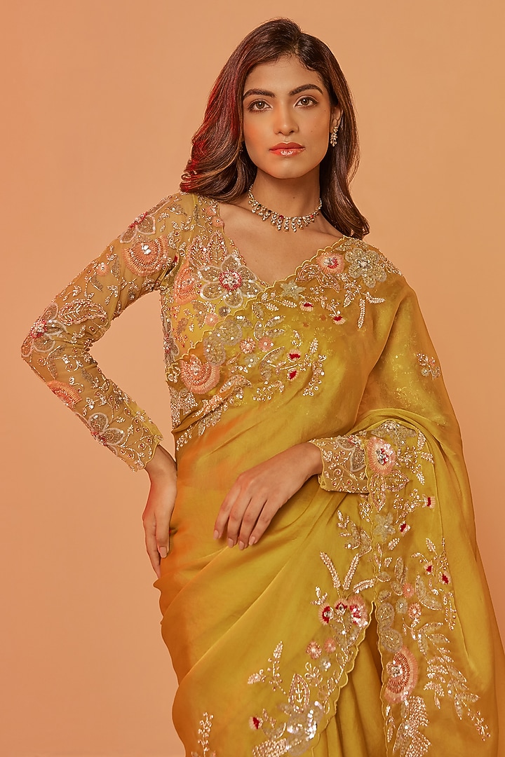 Yellow Silk Organza Zardosi Embroidered Wedding Saree Set by JUHI SHEKHAWAT at Pernia's Pop Up Shop