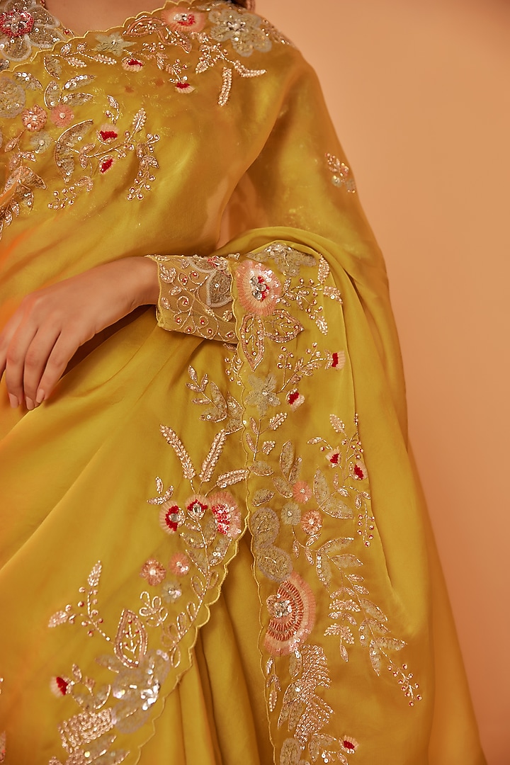 Yellow Silk Organza Zardosi Embroidered Wedding Saree Set by JUHI SHEKHAWAT at Pernia's Pop Up Shop