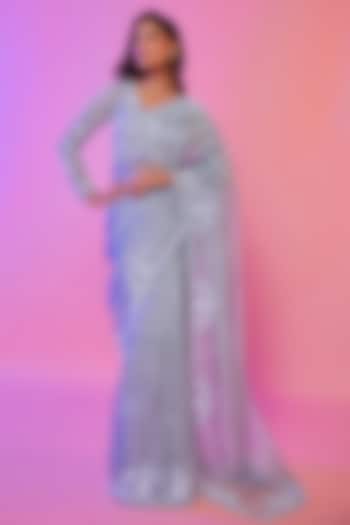 Sky Blue Silk Organza Pearl Embroidered Wedding Saree Set by JUHI SHEKHAWAT at Pernia's Pop Up Shop