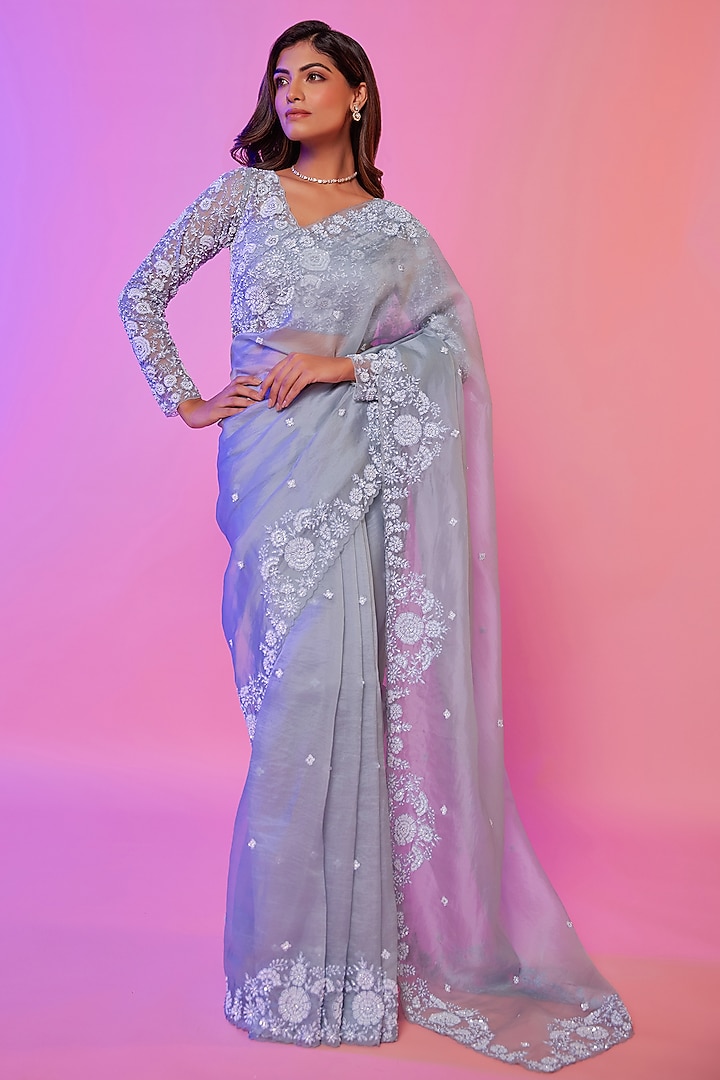 Sky Blue Silk Organza Pearl Embroidered Wedding Saree Set by JUHI SHEKHAWAT at Pernia's Pop Up Shop