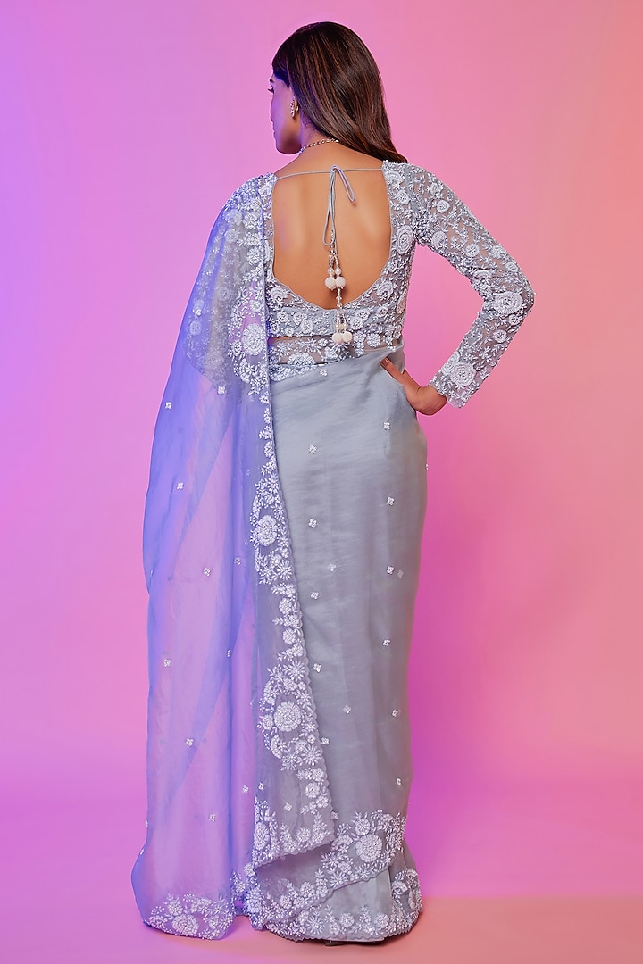 Sky Blue Silk Organza Pearl Embroidered Wedding Saree Set by JUHI SHEKHAWAT at Pernia's Pop Up Shop