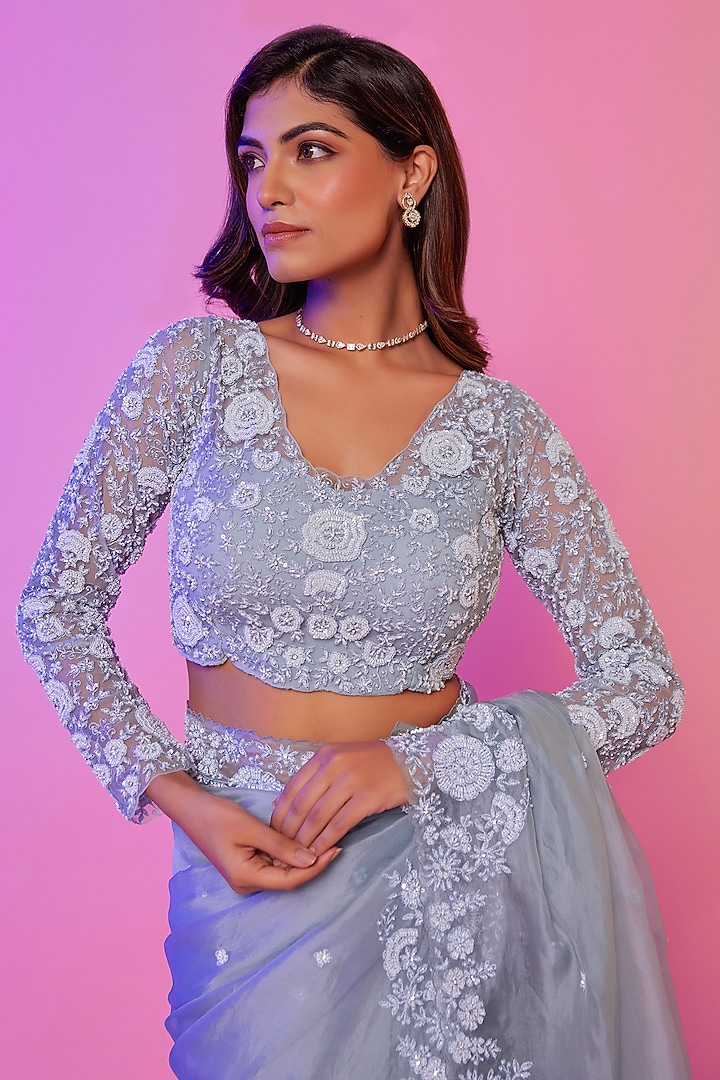 Sky Blue Silk Organza Pearl Embroidered Wedding Saree Set by JUHI SHEKHAWAT at Pernia's Pop Up Shop