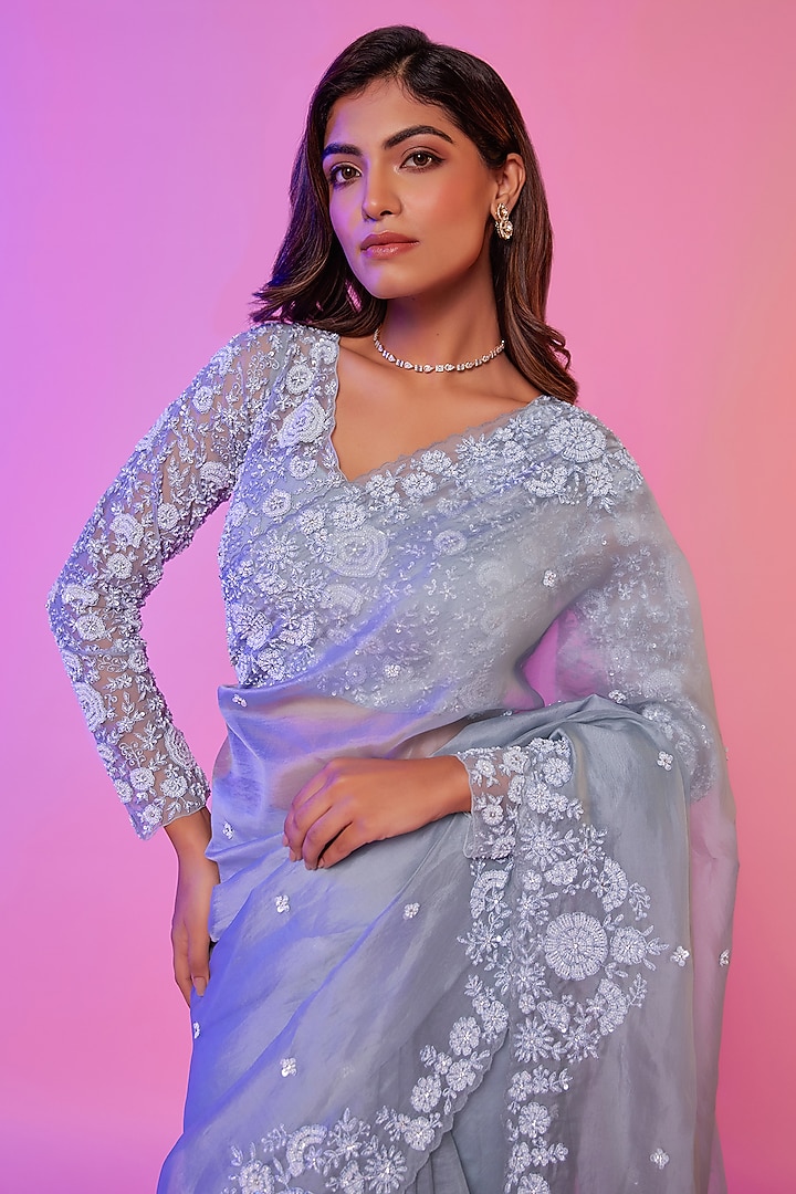 Sky Blue Silk Organza Pearl Embroidered Wedding Saree Set by JUHI SHEKHAWAT at Pernia's Pop Up Shop