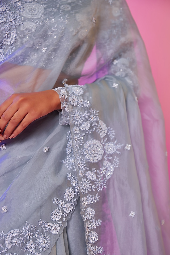 Sky Blue Silk Organza Pearl Embroidered Wedding Saree Set by JUHI SHEKHAWAT at Pernia's Pop Up Shop