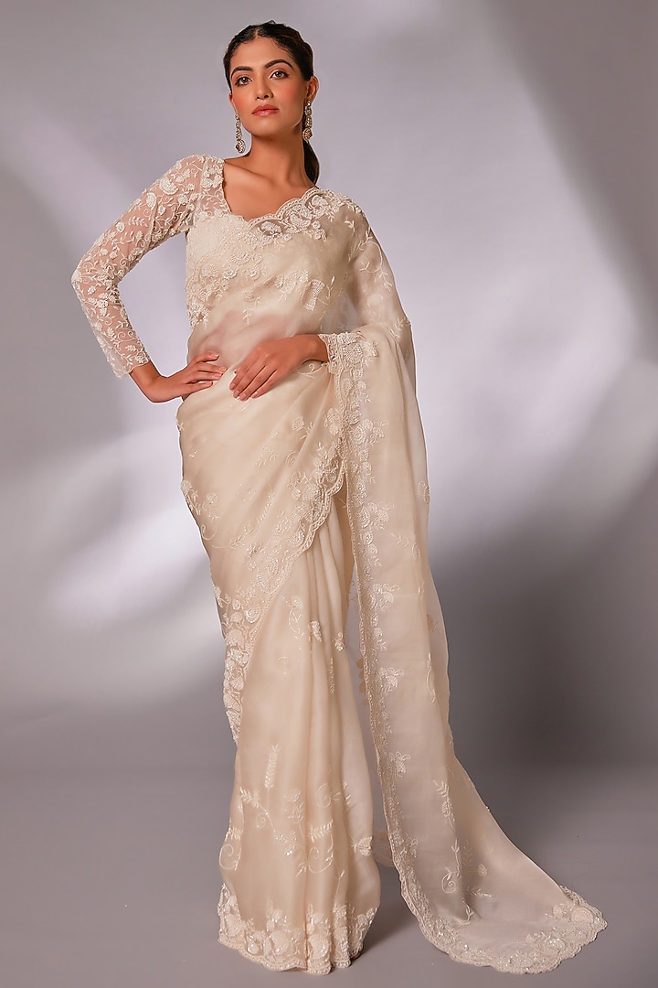 Off-White Silk Organza Pearl Embroidered Wedding Saree Set by JUHI SHEKHAWAT at Pernia's Pop Up Shop