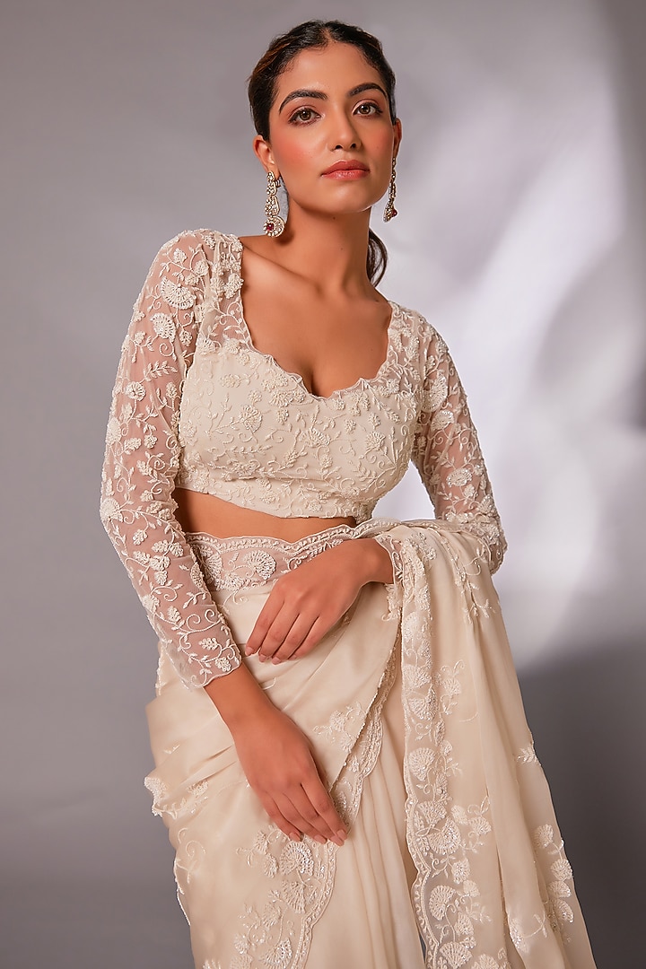 Off-White Silk Organza Pearl Embroidered Wedding Saree Set by JUHI SHEKHAWAT at Pernia's Pop Up Shop