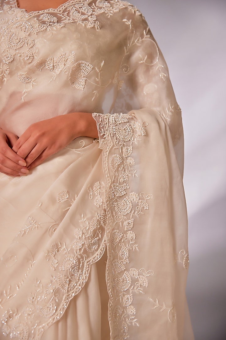 Off-White Silk Organza Pearl Embroidered Wedding Saree Set by JUHI SHEKHAWAT at Pernia's Pop Up Shop