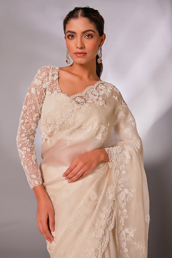 Off-White Silk Organza Pearl Embroidered Wedding Saree Set by JUHI SHEKHAWAT at Pernia's Pop Up Shop