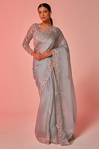 Soft Blue Silk Organza Sequins Embroidered Saree Set by JUHI SHEKHAWAT