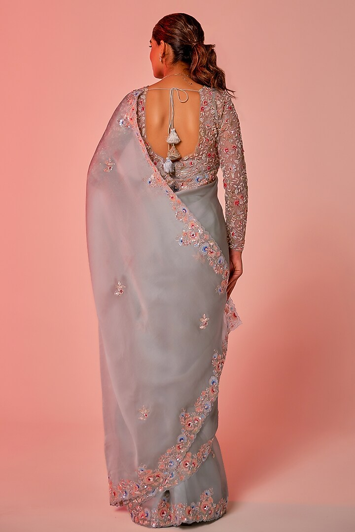 Soft Blue Silk Organza Sequins Embroidered Wedding Saree Set by JUHI SHEKHAWAT at Pernia's Pop Up Shop
