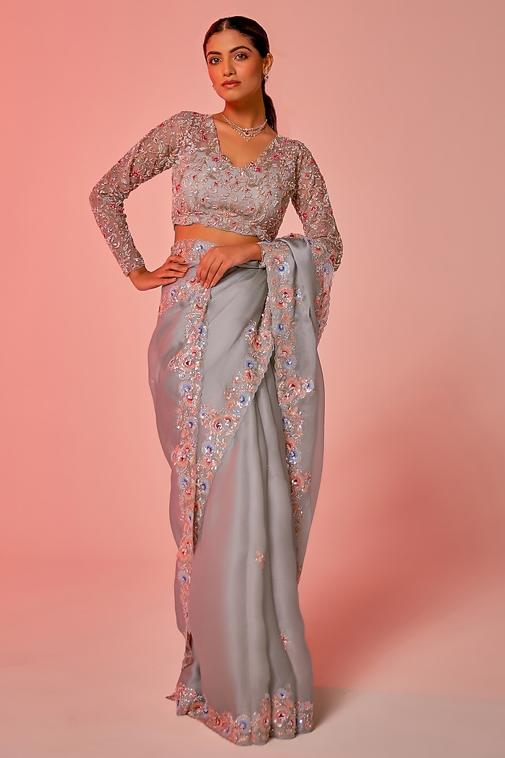 Soft Blue Silk Organza Sequins Embroidered Wedding Saree Set by JUHI SHEKHAWAT at Pernia's Pop Up Shop