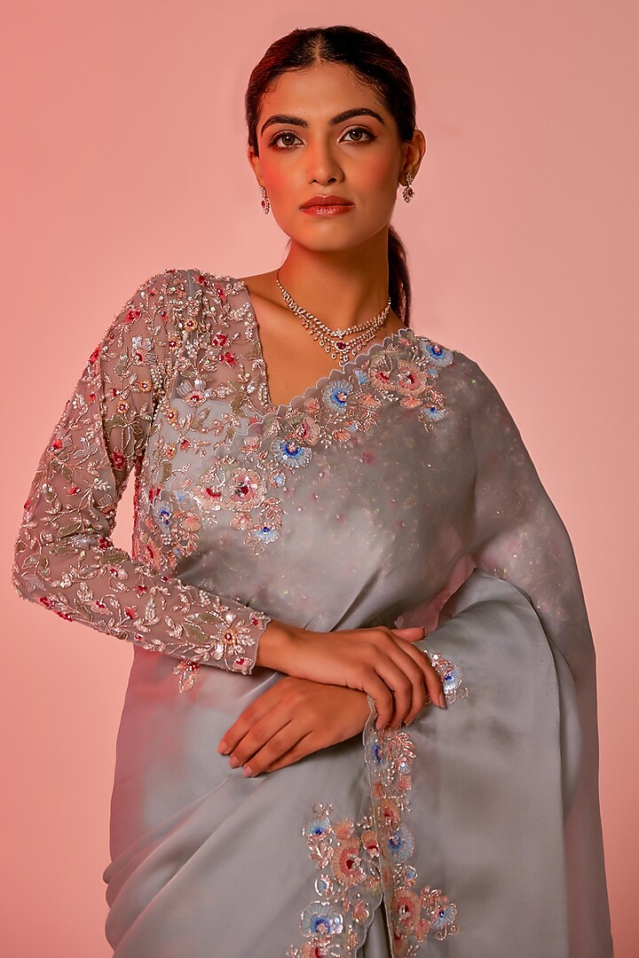 Soft Blue Silk Organza Sequins Embroidered Wedding Saree Set by JUHI SHEKHAWAT at Pernia's Pop Up Shop