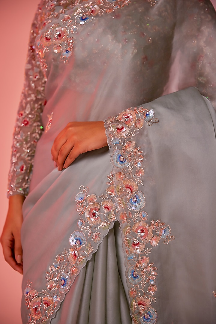 Soft Blue Silk Organza Sequins Embroidered Wedding Saree Set by JUHI SHEKHAWAT at Pernia's Pop Up Shop