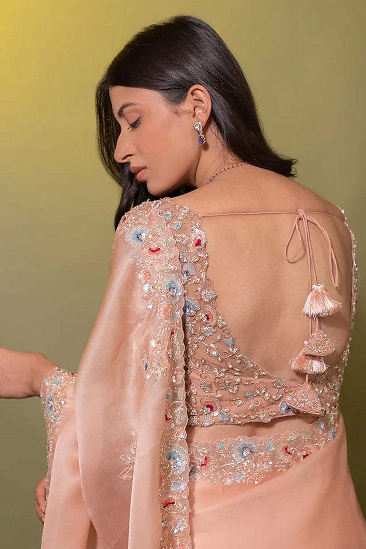 Peach Silk Organza Zardosi Embroidered Wedding Saree Set by JUHI SHEKHAWAT at Pernia's Pop Up Shop