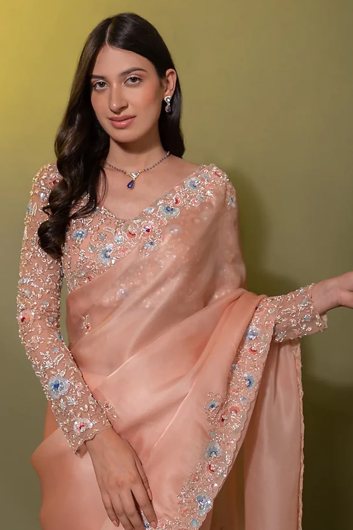 Peach Silk Organza Zardosi Embroidered Wedding Saree Set by JUHI SHEKHAWAT at Pernia's Pop Up Shop