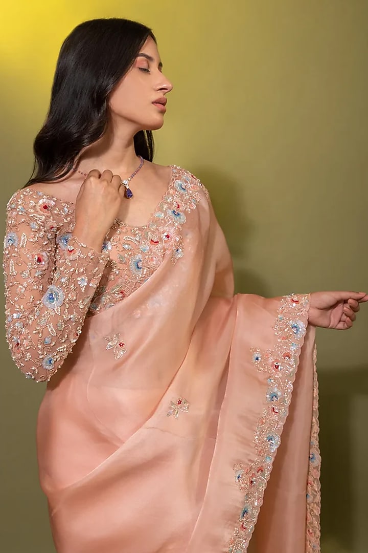 Peach Silk Organza Zardosi Embroidered Wedding Saree Set by JUHI SHEKHAWAT at Pernia's Pop Up Shop