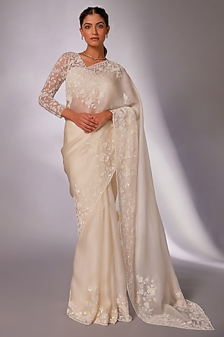 Off-White Silk Organza Sequins Embroidered Saree Set by JUHI SHEKHAWAT