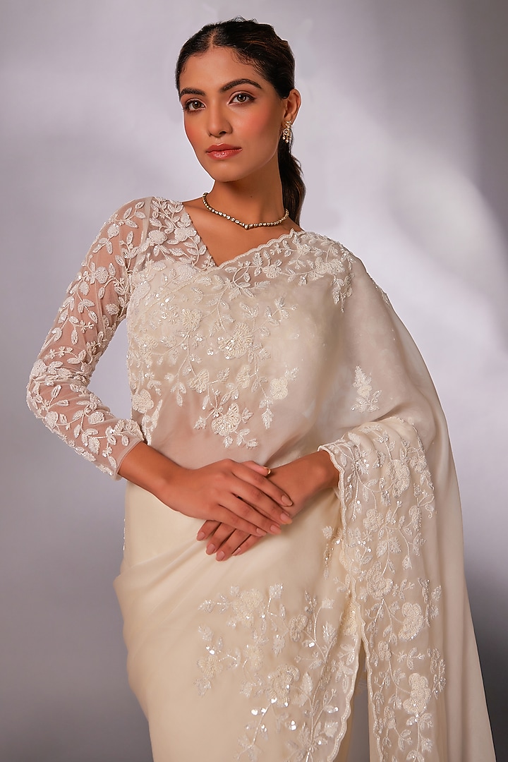 Off-White Silk Organza Sequins Embroidered Wedding Saree Set by JUHI SHEKHAWAT at Pernia's Pop Up Shop