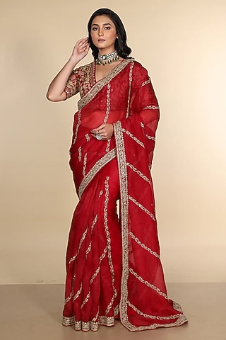 Red Silk Organza Sequins Embroidered Saree Set by JUHI SHEKHAWAT