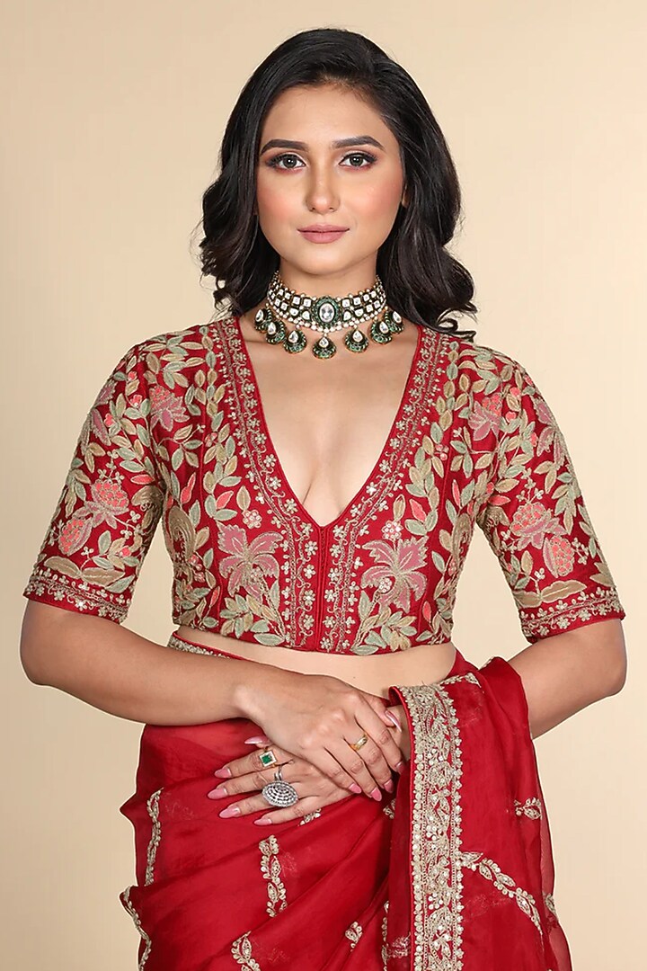 Red Silk Organza Sequins Embroidered Wedding Saree Set by JUHI SHEKHAWAT at Pernia's Pop Up Shop
