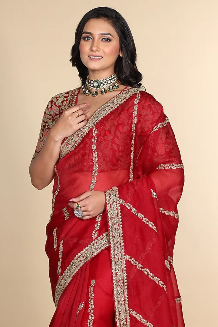 Red Silk Organza Sequins Embroidered Wedding Saree Set by JUHI SHEKHAWAT at Pernia's Pop Up Shop