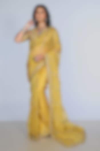 Yellow Silk Organza Sequins Embroidered Wedding Saree Set by JUHI SHEKHAWAT at Pernia's Pop Up Shop
