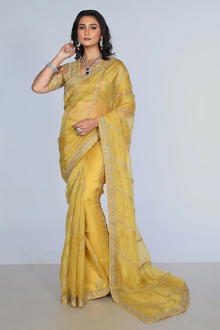 Yellow Silk Organza Sequins Embroidered Wedding Saree Set by JUHI SHEKHAWAT at Pernia's Pop Up Shop