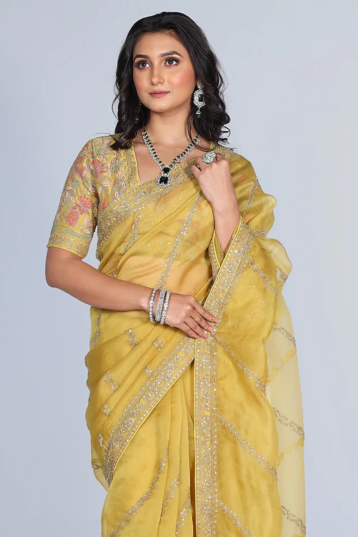 Yellow Silk Organza Sequins Embroidered Wedding Saree Set by JUHI SHEKHAWAT at Pernia's Pop Up Shop