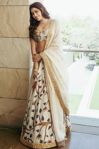 Beige Kalamkari Printed Wedding Lehenga Set by Punit Balana at