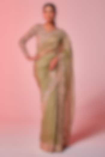 Pista Green Silk Organza Zardosi Embroidered Wedding Saree Set by JUHI SHEKHAWAT at Pernia's Pop Up Shop