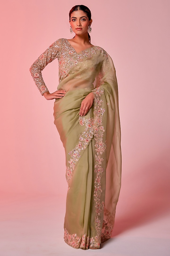 Pista Green Silk Organza Zardosi Embroidered Wedding Saree Set by JUHI SHEKHAWAT at Pernia's Pop Up Shop