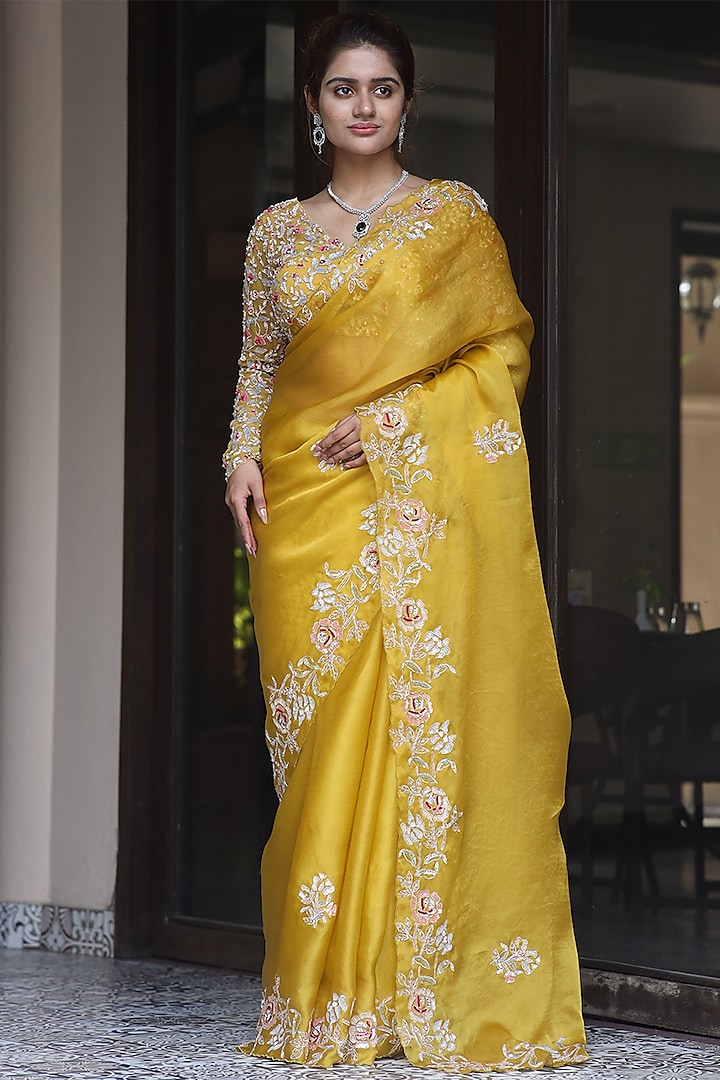 Yellow Silk Organza Sequins & Zardosi Embroidered Wedding Saree Set by JUHI SHEKHAWAT at Pernia's Pop Up Shop