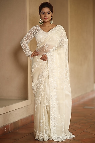 Off-White Silk Organza Pearl & Cutdana Embroidered Saree Set by JUHI SHEKHAWAT