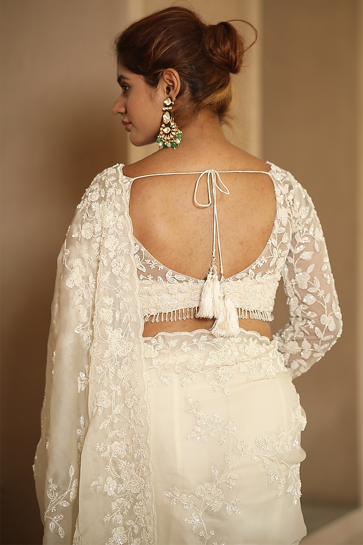 Off-White Silk Organza Pearl & Cutdana Embroidered Reception Saree Set by JUHI SHEKHAWAT at Pernia's Pop Up Shop