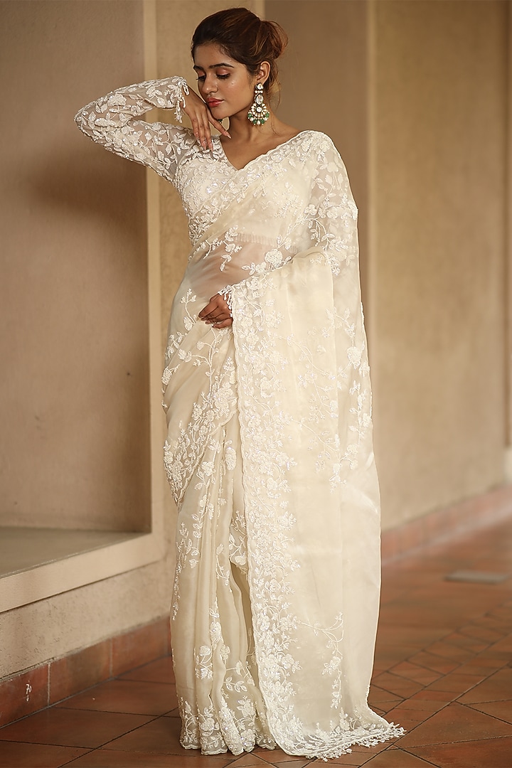 Off-White Silk Organza Pearl & Cutdana Embroidered Reception Saree Set by JUHI SHEKHAWAT at Pernia's Pop Up Shop