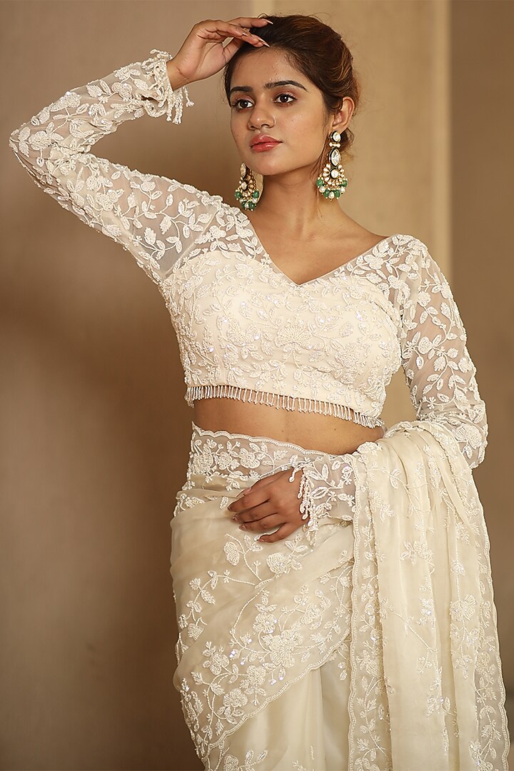 Off-White Silk Organza Pearl & Cutdana Embroidered Reception Saree Set by JUHI SHEKHAWAT at Pernia's Pop Up Shop