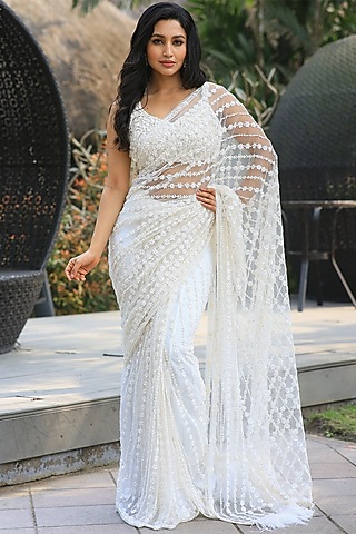 Off-White Net Sequins & Pearl Embroidered Saree Set by JUHI SHEKHAWAT