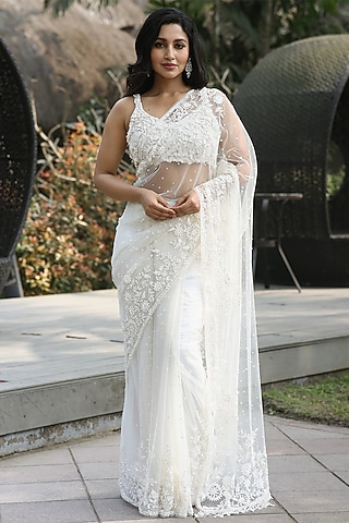 Off-White Net Sequins & Pearl Embroidered Saree Set by JUHI SHEKHAWAT