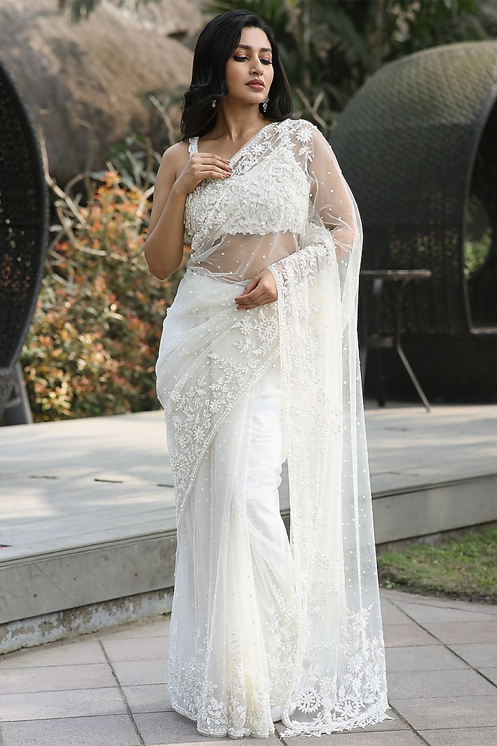 Off-White Net Sequins & Pearl Embroidered Wedding Saree Set by JUHI SHEKHAWAT at Pernia's Pop Up Shop