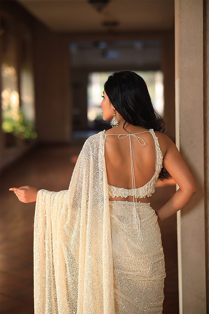 Off-White Net Sequins & Pearl Embroidered Reception Saree Set by JUHI SHEKHAWAT at Pernia's Pop Up Shop