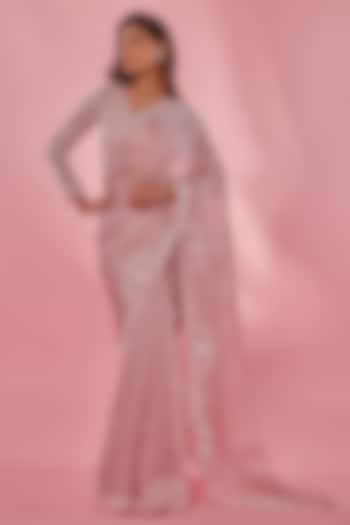 Pink Net Pearl Embroidered Wedding Saree Set by JUHI SHEKHAWAT at Pernia's Pop Up Shop