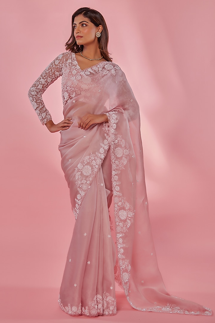Pink Net Pearl Embroidered Wedding Saree Set by JUHI SHEKHAWAT at Pernia's Pop Up Shop