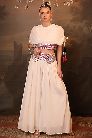 White Wrinkle Chiffon Gota Patti Work Palazzo Set by JIGYA JAPRA