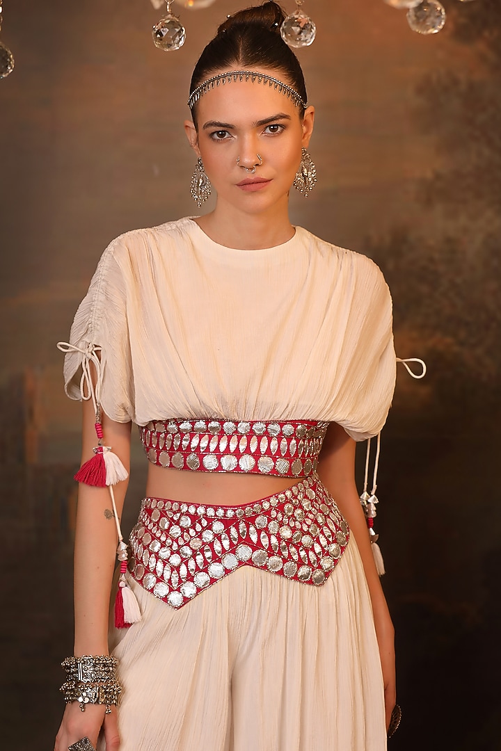 White Wrinkle Chiffon Gota Patti Work Palazzo Set by JIGYA JAPRA at Pernia's Pop Up Shop