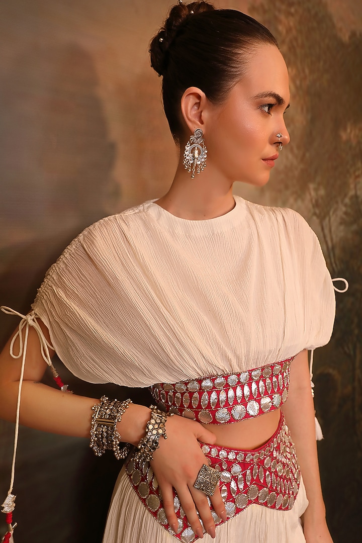 White Wrinkle Chiffon Gota Patti Work Palazzo Set by JIGYA JAPRA at Pernia's Pop Up Shop