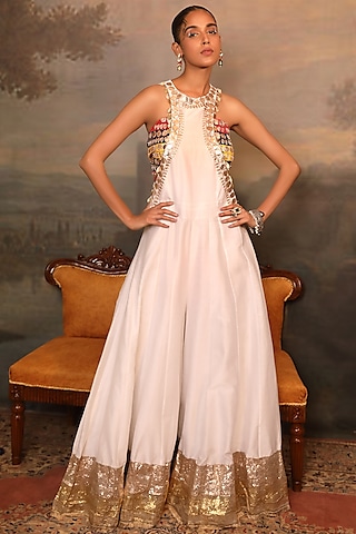 White Soft Chanderi Gota Patti Work Jumpsuit by JIGYA JAPRA