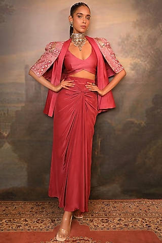Dusty Cedar Chanderi Zari Embroidered Blazer Set by JIGYA JAPRA