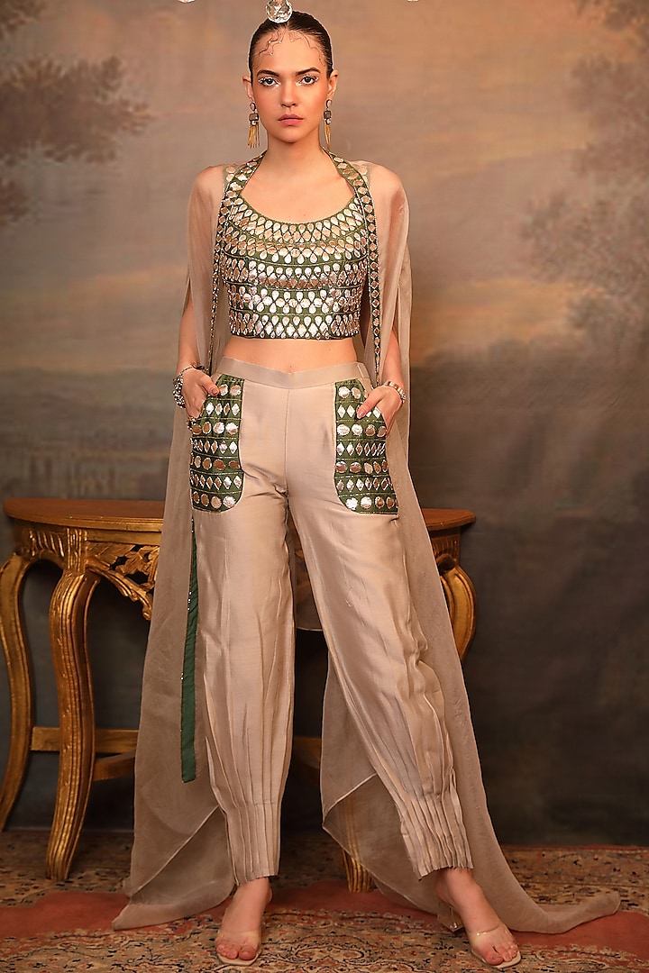 Beige Chanderi & Soft Organza Gota Patti Work Afghani Pant Set by JIGYA JAPRA at Pernia's Pop Up Shop