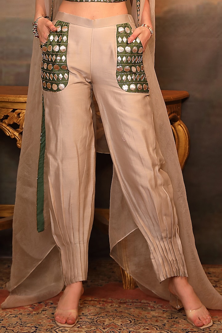 Beige Chanderi & Soft Organza Gota Patti Work Afghani Pant Set by JIGYA JAPRA at Pernia's Pop Up Shop