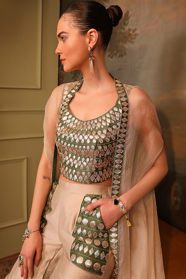 Beige Chanderi & Soft Organza Gota Patti Work Afghani Pant Set by JIGYA JAPRA at Pernia's Pop Up Shop